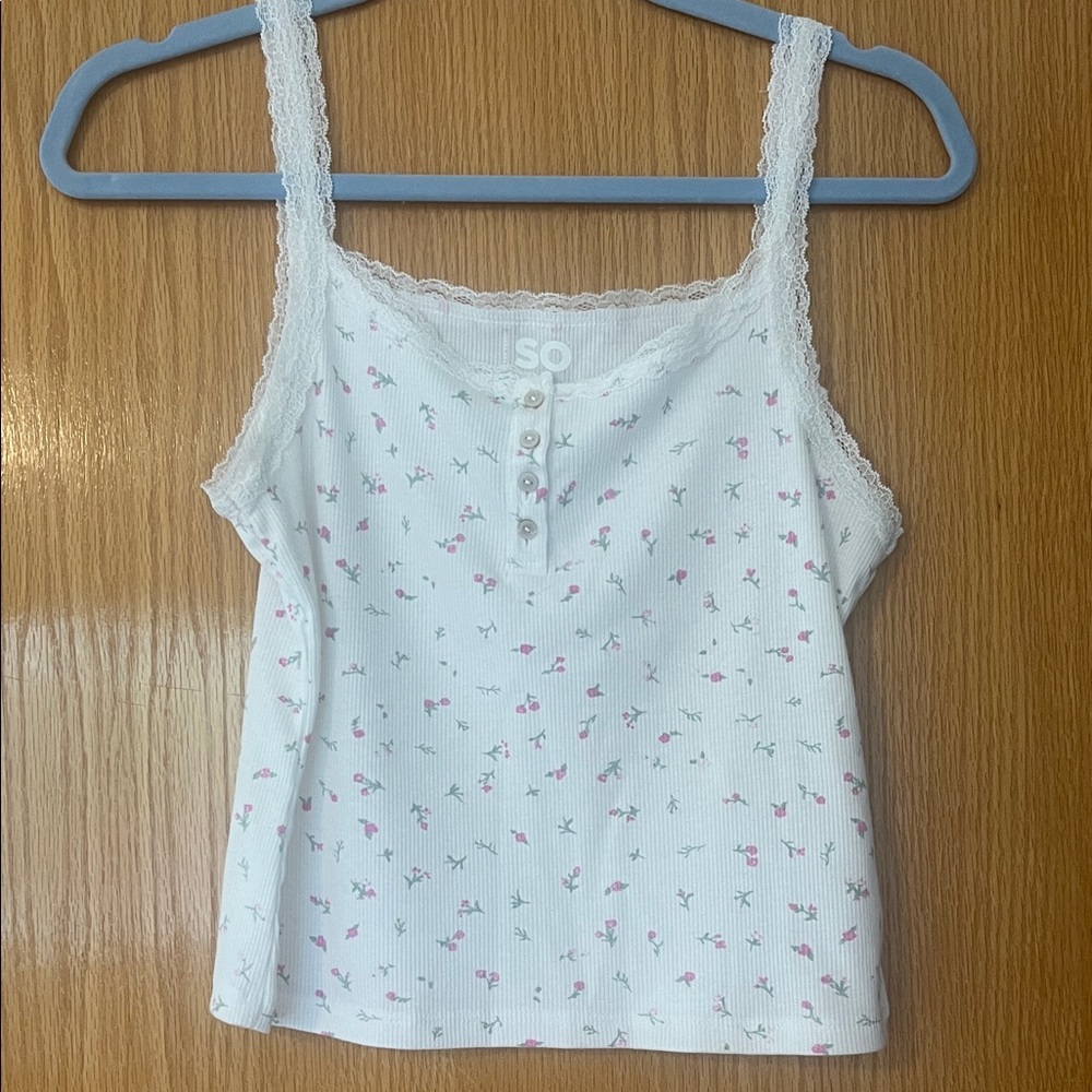SO White and Pink Floral Lace Tank